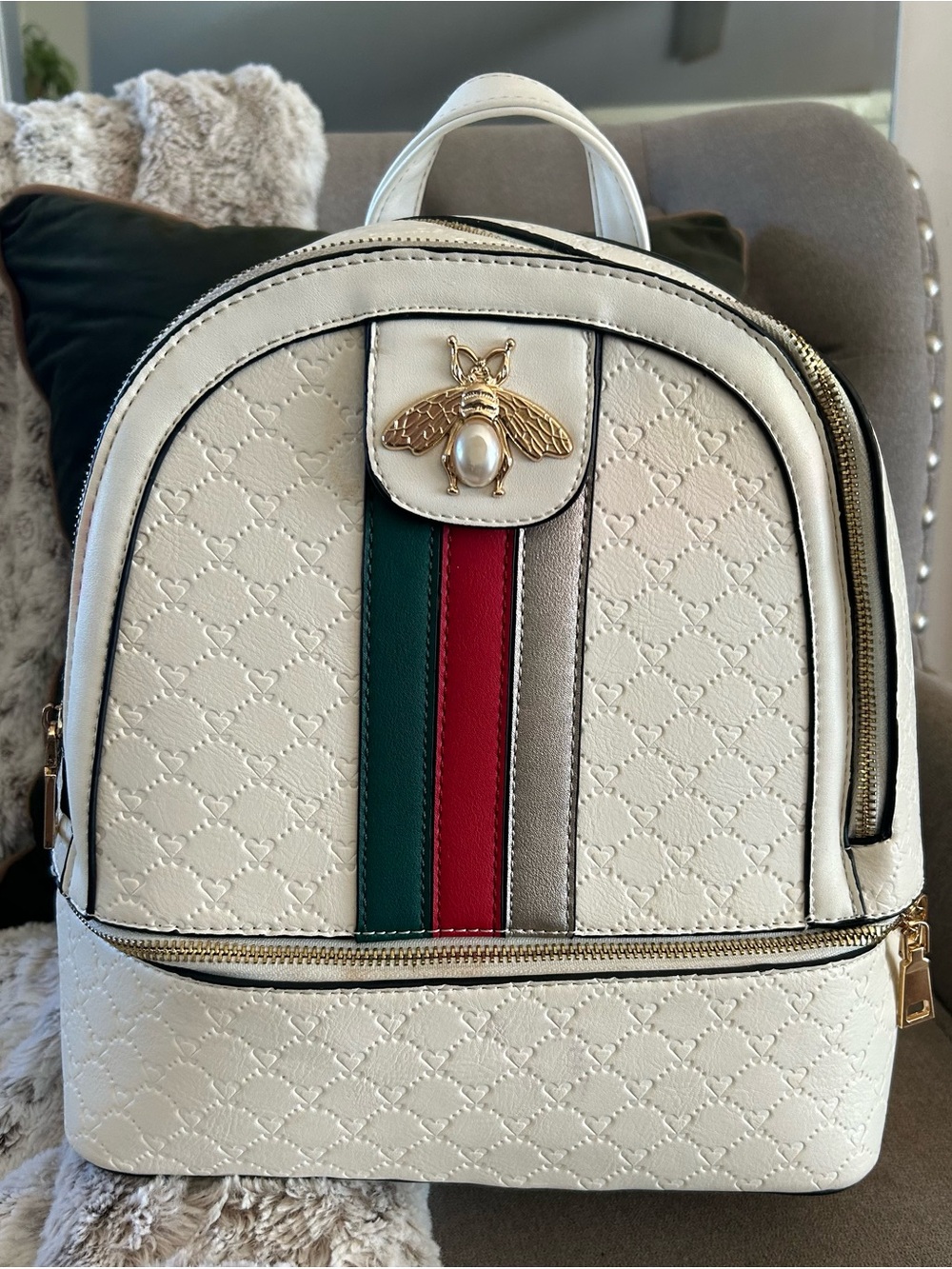 & Other Stories Ivory Mini Backpack with Green and Red Stripe and Gold Bee